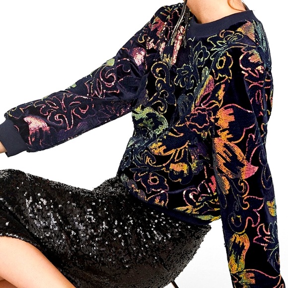 Zara Sweaters Zara Velvet Floral Sequin Embroidered Sweatshirt